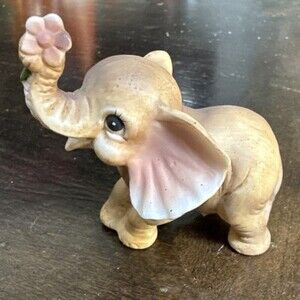 Vintage Elephant with Flower Figurine Artist George Good ~ Good Luck Trunk Up